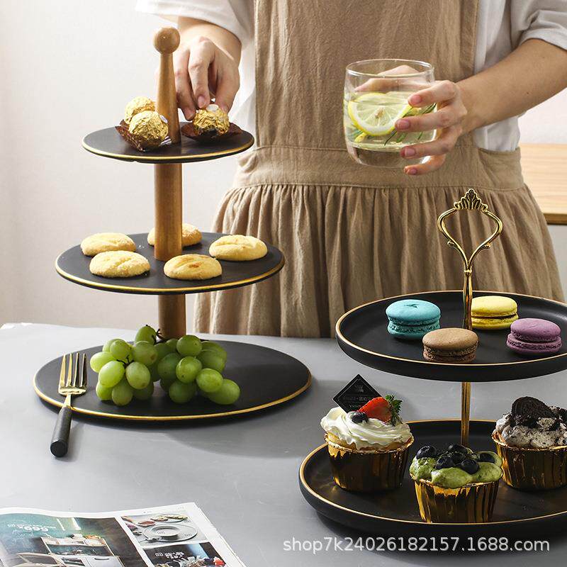 三层茶点心串盘碟自助餐婚宴会糕点盘水果盘双层蛋糕点心高脚摆盘