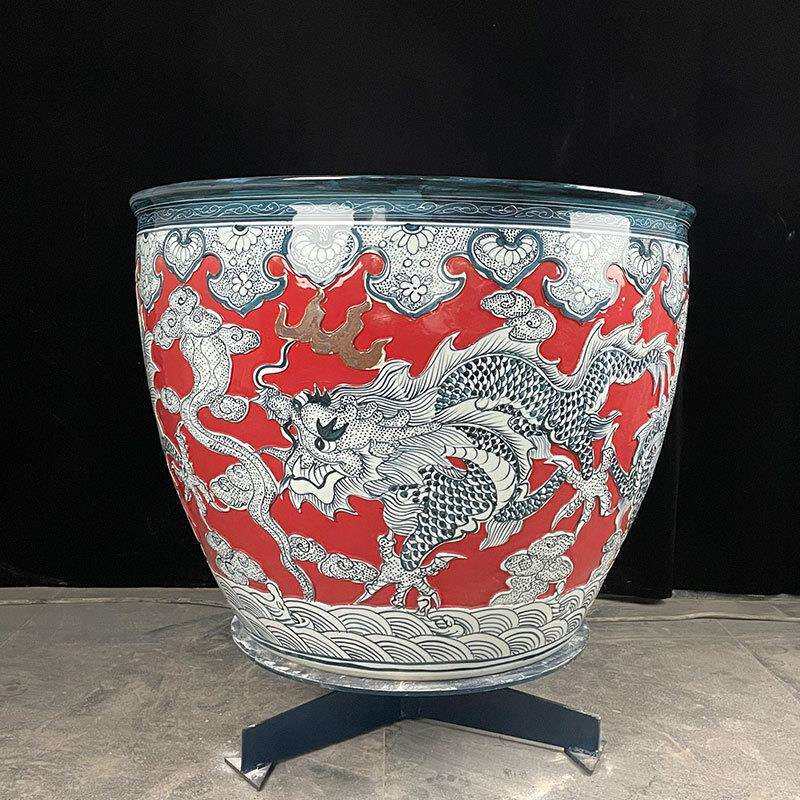 厂家陶瓷园林规划风水缸手工红底雕刻龙大瓷缸酒店庭院水缸陶瓷缸