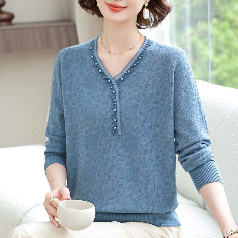 春秋洋派高贵妈妈宽松薄款针织T恤加肥加大码中老年女装冰丝上衣