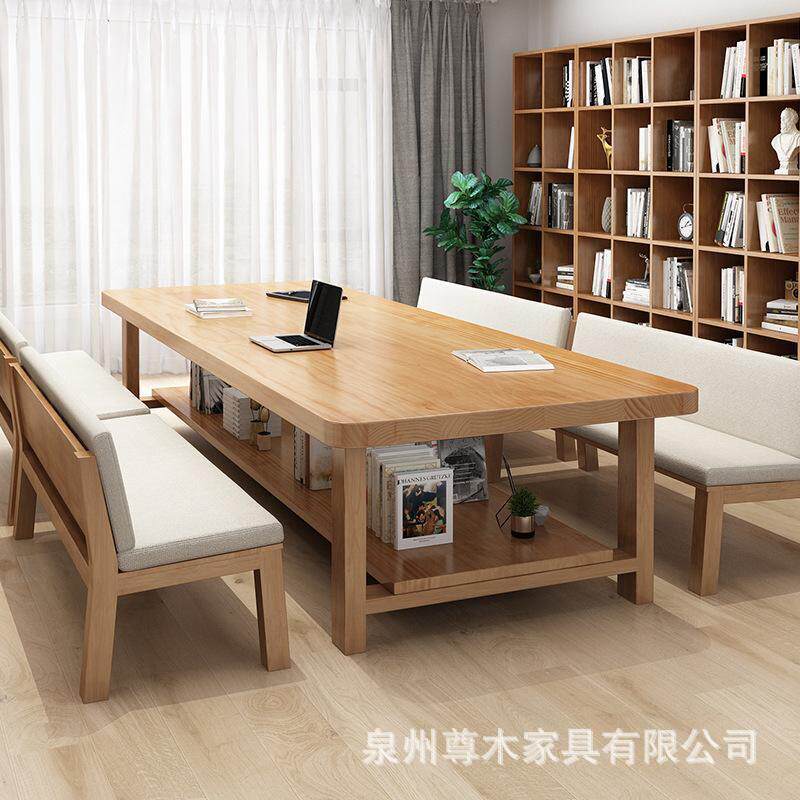 北欧实木双层大书桌长条桌客厅休闲区多人学习桌简约大桌子工作台