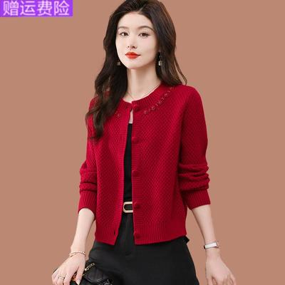 圆领针织开衫红色外套女秋装新款外穿短款小个子毛衣洋气外搭上衣