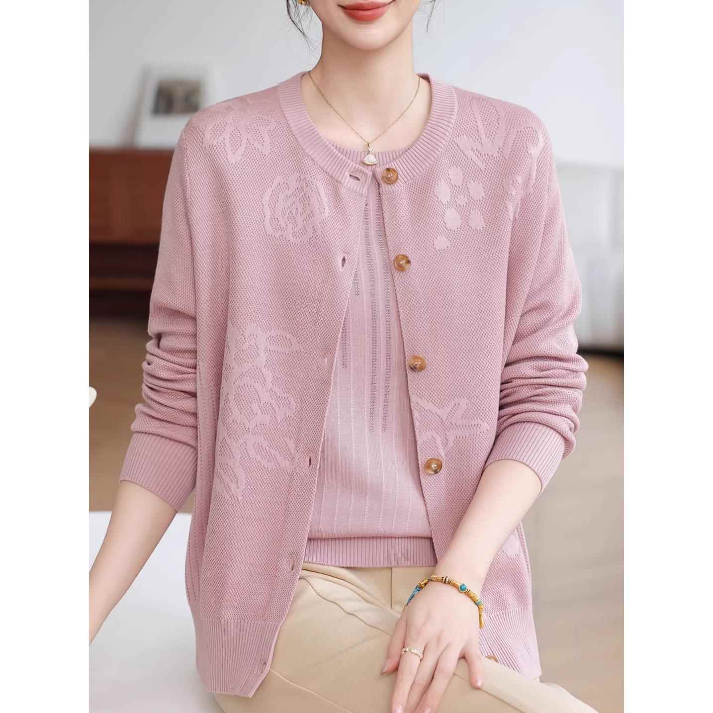 中年妈妈初秋冰丝针织外套加肥加大码女装洋气薄款上衣两件套开衫