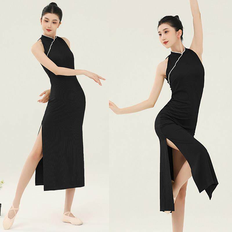 现代古典舞旗袍专用舞蹈服中国舞练功服黑色开叉练功跳舞演出服装