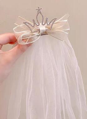 女童小公主皇冠头饰儿童粉色头纱头顶立体亮钻宝宝生日拍照发夹