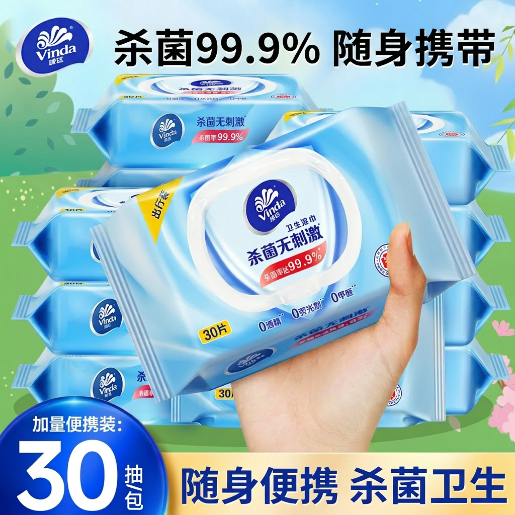 维达杀菌湿巾便携随身装出行擦脸去油去汗卫生湿纸巾小包30片