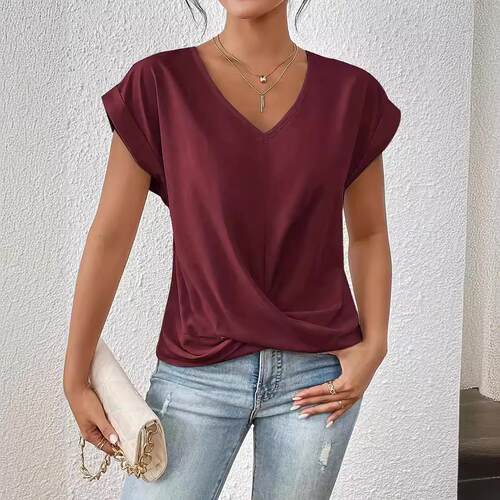 2026 Summer New Fashion Solid Color V-neck T-shirt Women's