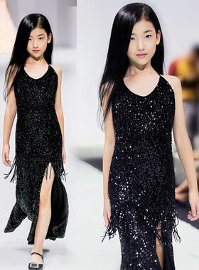 女童黑色礼服高端轻奢小众女孩拉丁舞开叉鱼尾裙模特走秀演出服潮