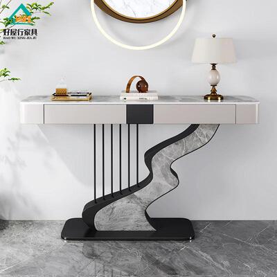 轻奢岩户板玄关桌入749靠墙玄关台艺术半创厅意门玄关柜走廊圆端