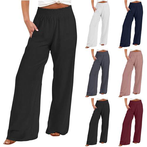 Womens Casual Elastic Wide Leg Pants High Waist Long