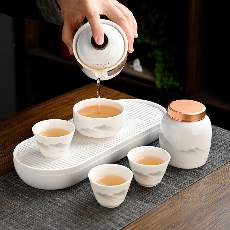 白瓷羊脂玉旅行茶具套装一壶四杯户外便携泡茶快客杯带盘茶罐茶壶