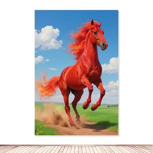红色骏马装饰画草原奔马装饰画马到成功红马图背景墙挂画画芯定制