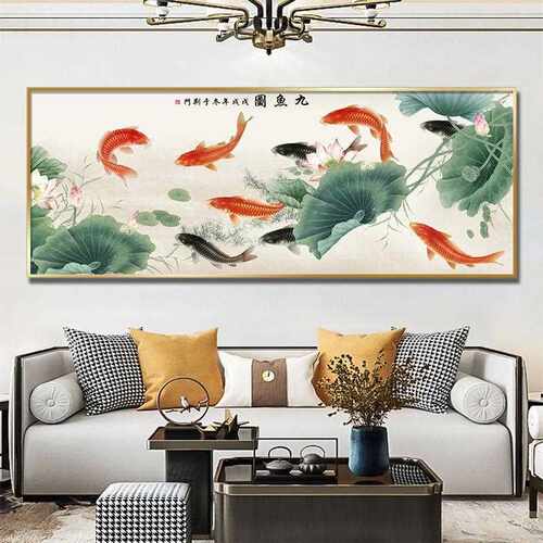新款直销中式鱼图横版幅客厅沙发背景墙壁挂画装饰画年年有鱼荷莲