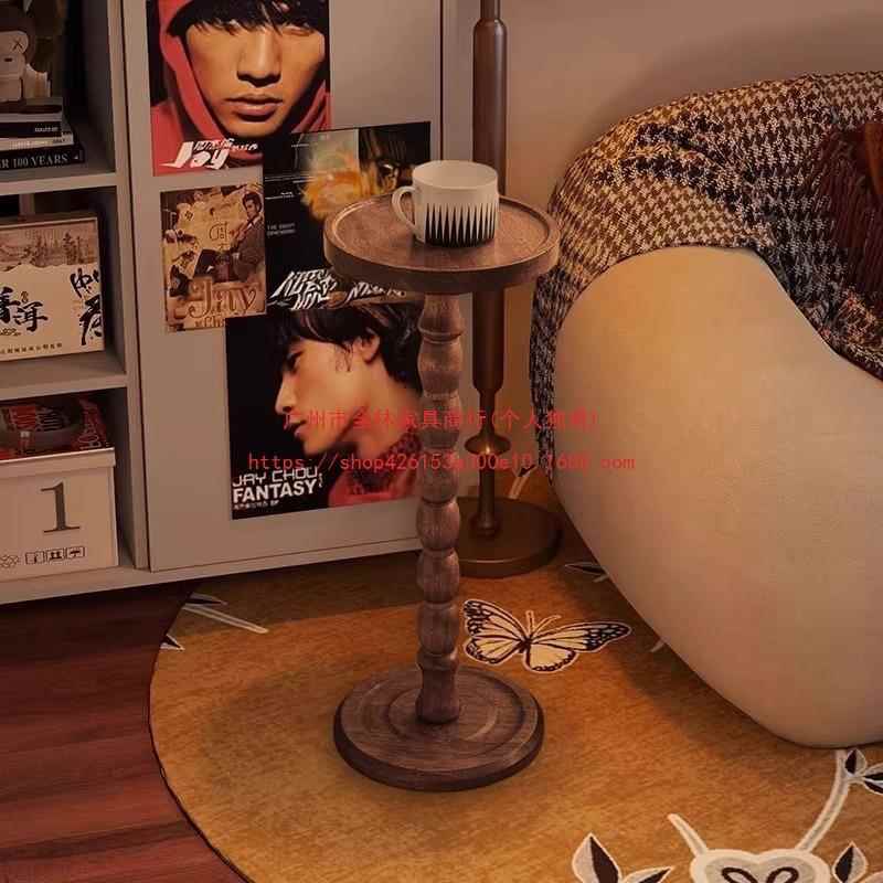 实木边几小圆桌复古轻奢迷你沙发茶几桌子极窄角几中古美式置物架