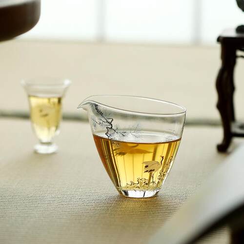 青松瑞鹤耐热玻璃公道杯简约加厚茶海过滤公杯茶具家用高高档分茶