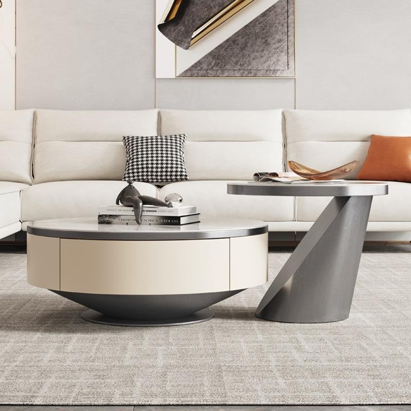 意式轻奢岩板茶几圆形大小组合带抽屉创意设计师客厅家用现代简约