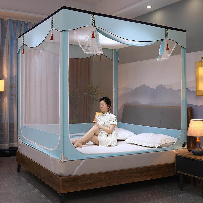 高档三开门蚊帐家用新中式卧室高级坐床式拉链帐子加厚加密四方顶
