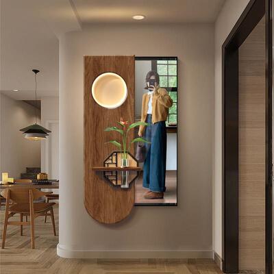 中式新玄关装饰画 隐藏水式推拉镜子立体隐沐光凝翠形全身镜面画