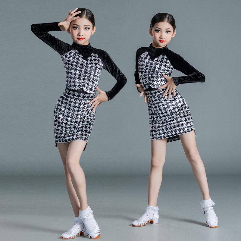 儿童拉丁舞服装秋冬丝绒套装女童分体舞蹈服练功服网红演出服新款