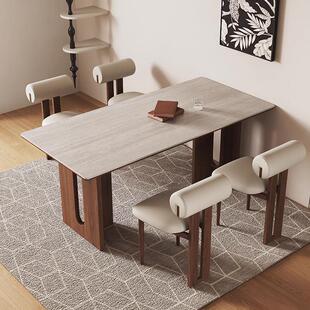 古风洞石板餐桌家岩复用小户型木饭桌黑胡桃餐745桌椅组合长方形