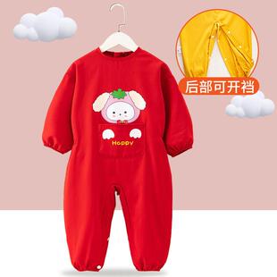 儿童连体罩衣秋冬季男童宝宝画画防水防脏婴儿爬行爬爬服女童外穿