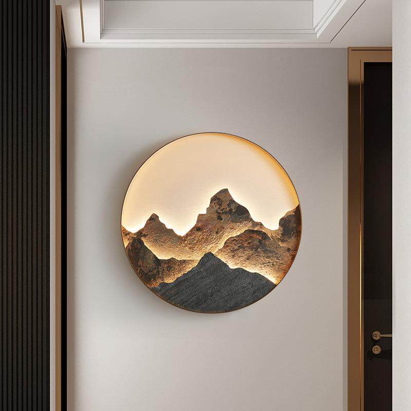 新中式岩板壁灯入户玄关装饰画客厅背景壁画灯圆形茶室立体山水画