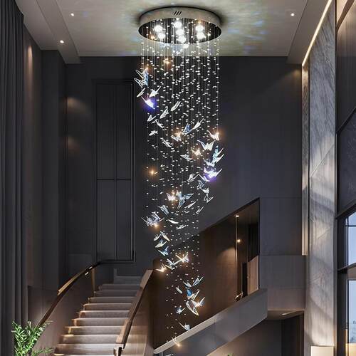 水晶蝴蝶楼梯吊灯2025新款loft公寓挑高装饰灯别墅旋转楼梯长吊灯