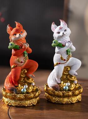 白色九尾狐狸真身摆件堂口装饰工艺品东北胡家黄大仙办公室桌面同