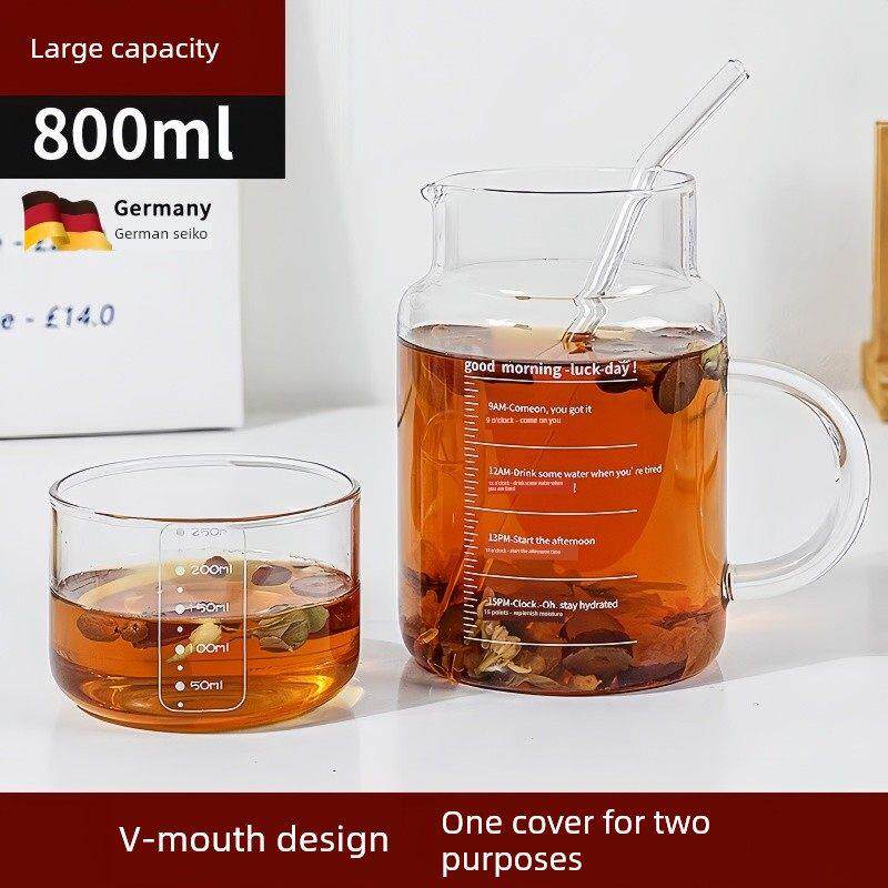 进口大容量耐热、防爆、耐高温玻璃杯，800ml，带把手和盖子，家