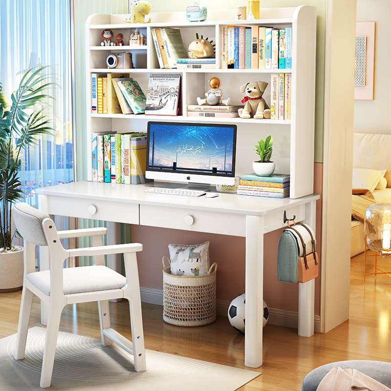 实木书桌书架一体学生家用儿童学习桌初中生卧室电脑桌台式写字桌