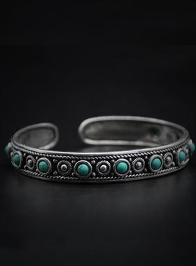 正品民原族2风95纯银手镯覆古款开口藏族游特色做旧手环牧草风蒙