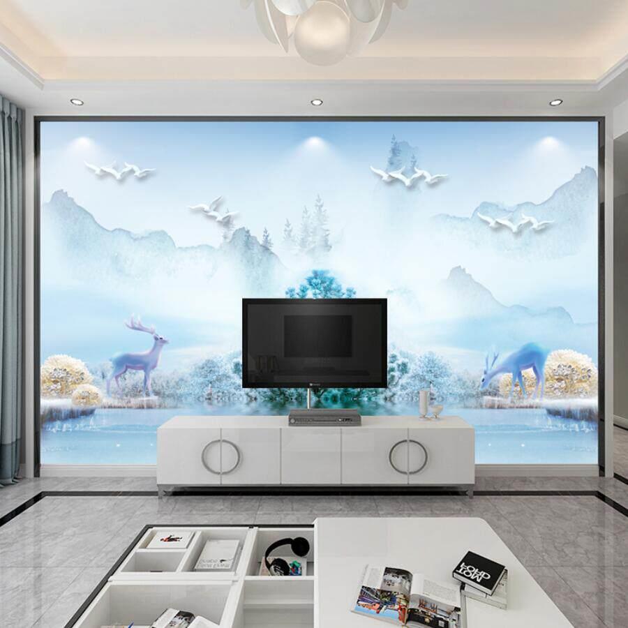 北欧麋鹿浮雕电视背景墙壁纸墙布3D立体壁画影视墙纸大气壁布家用