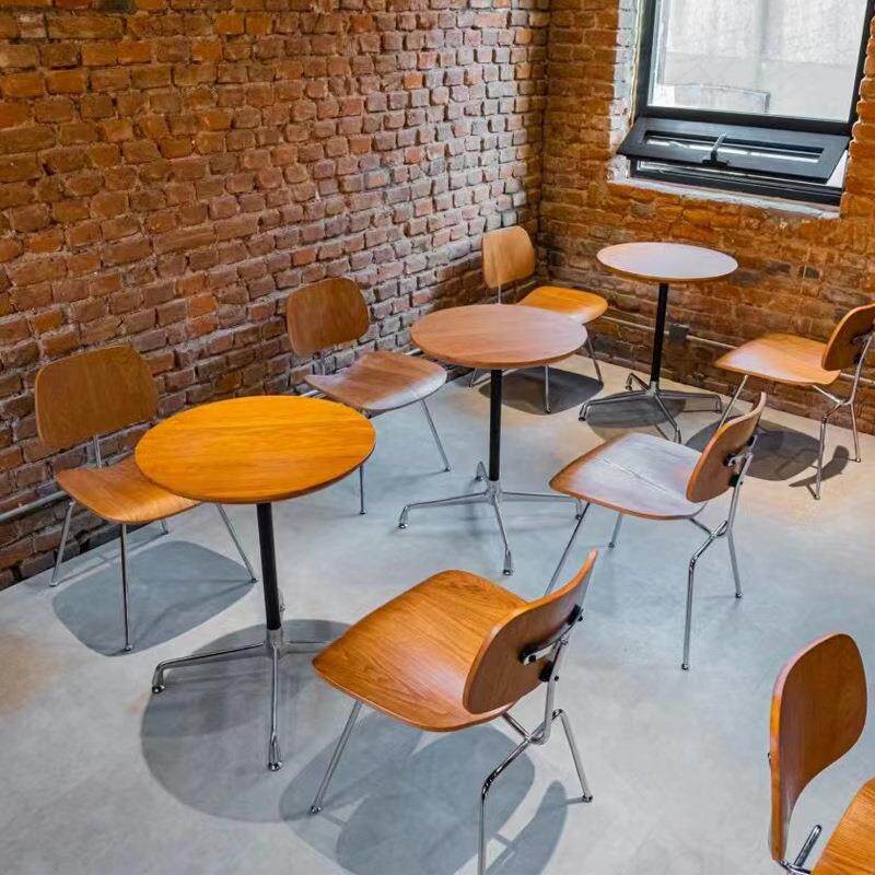 伊姆斯圆桌椅组合中古风双人桌椅组合咖啡厅书吧办公室实木餐桌椅