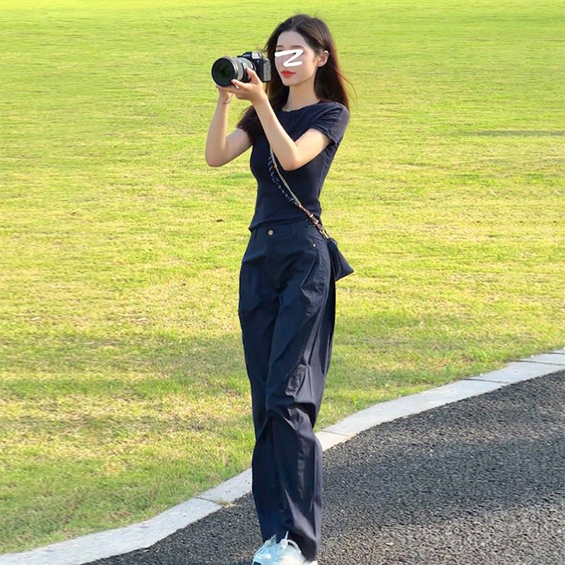欧洲站休闲运动套装女2026新款夏季洋气显瘦正肩T恤速干工装裤潮
