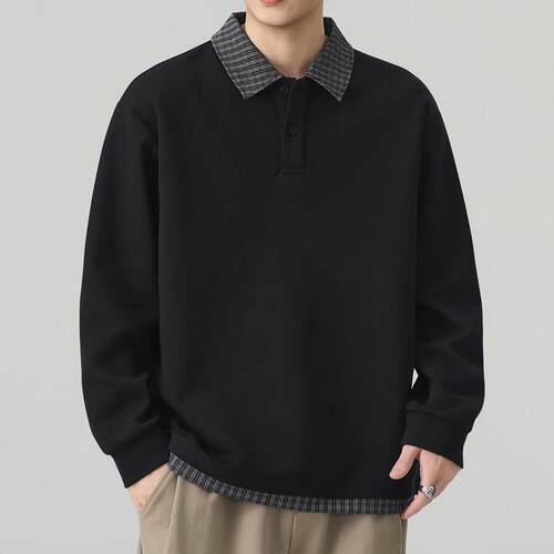 秋季痞帅格纹拼接卫衣男士2026春新款休闲宽松打底衫长袖上1005d
