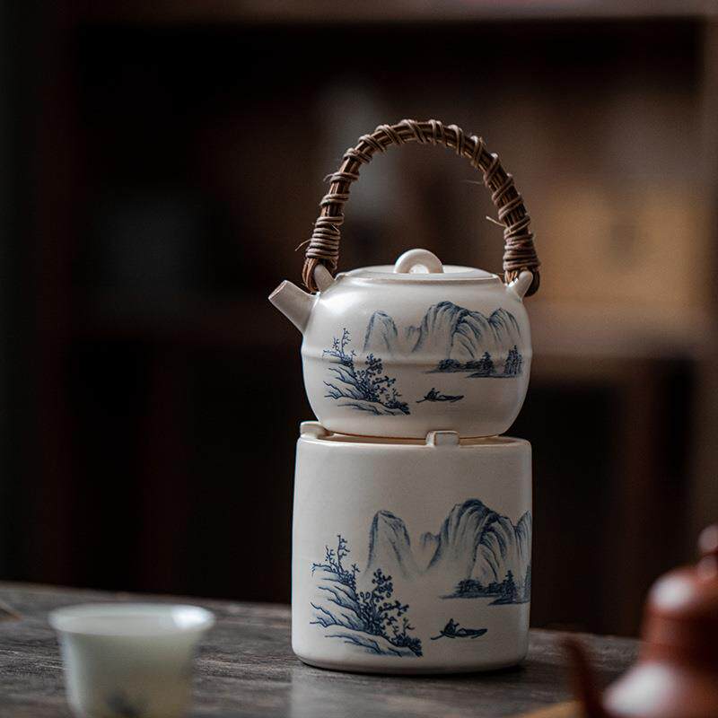 弥言围炉煮茶套装蜡烛酒精炉煮温茶器户外烤茶炉复古粗陶藤编茶壶图片