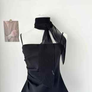 黑色丝带春夏压皱纯色长条丝巾女洋气发带气质领巾绑包护颈小围巾