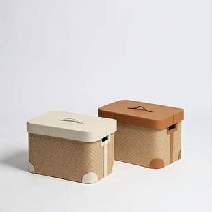 家用黄麻手工编织皮革脏衣篓衣帽间加盖多用收纳盒边几收纳筐摆件