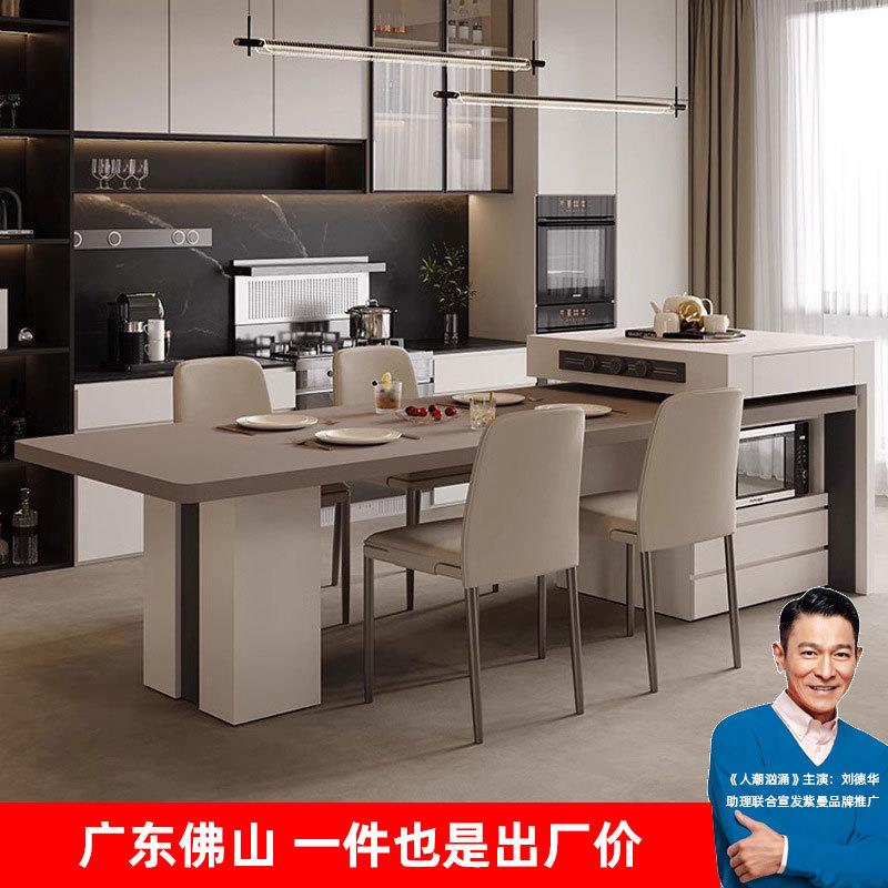 意式极简厨房可伸缩岛台餐桌一体高级家用现代简约微波炉岩板餐桌