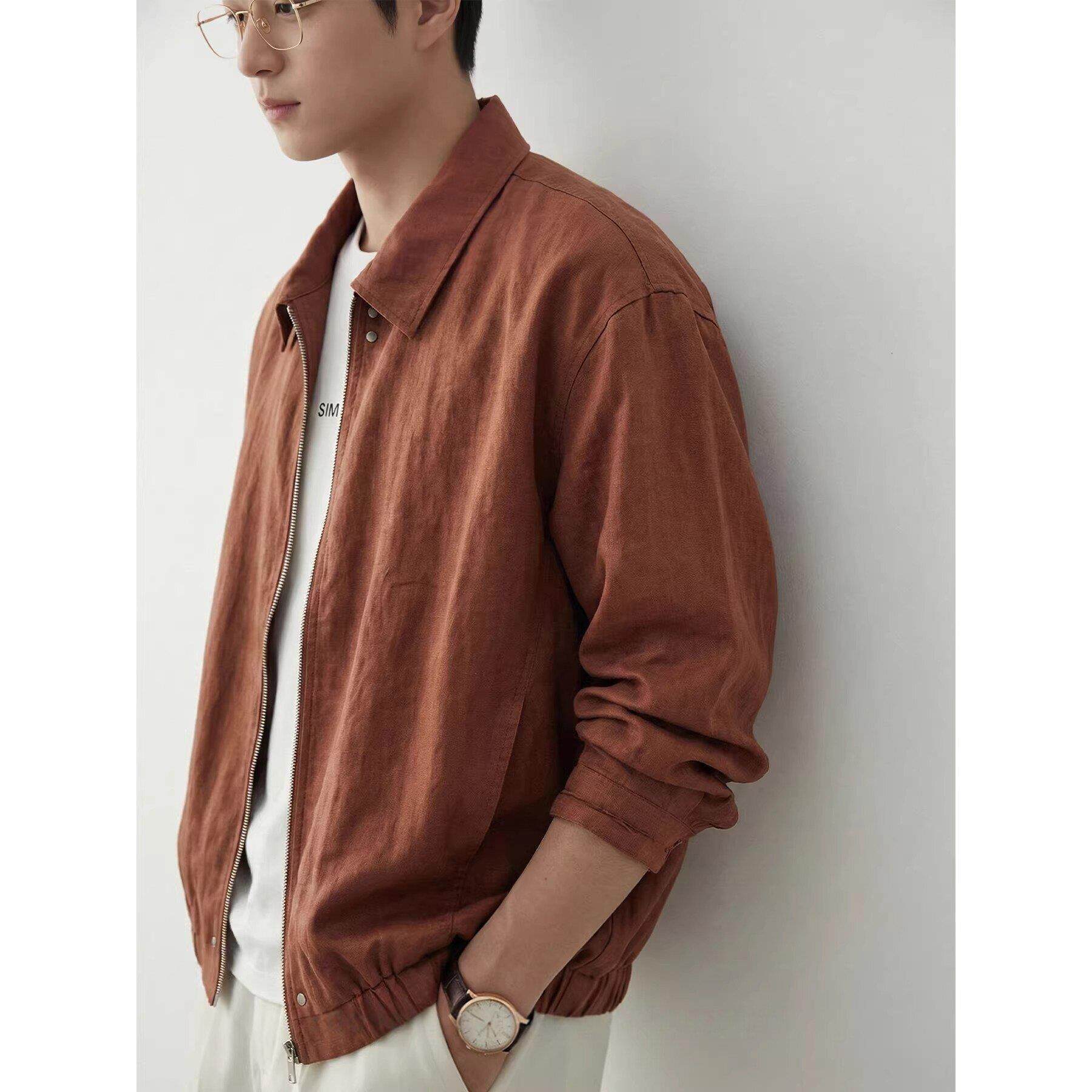 palm city老钱风桑蚕丝亚麻混纺垂顺薄款休闲外套男春季翻领夹克