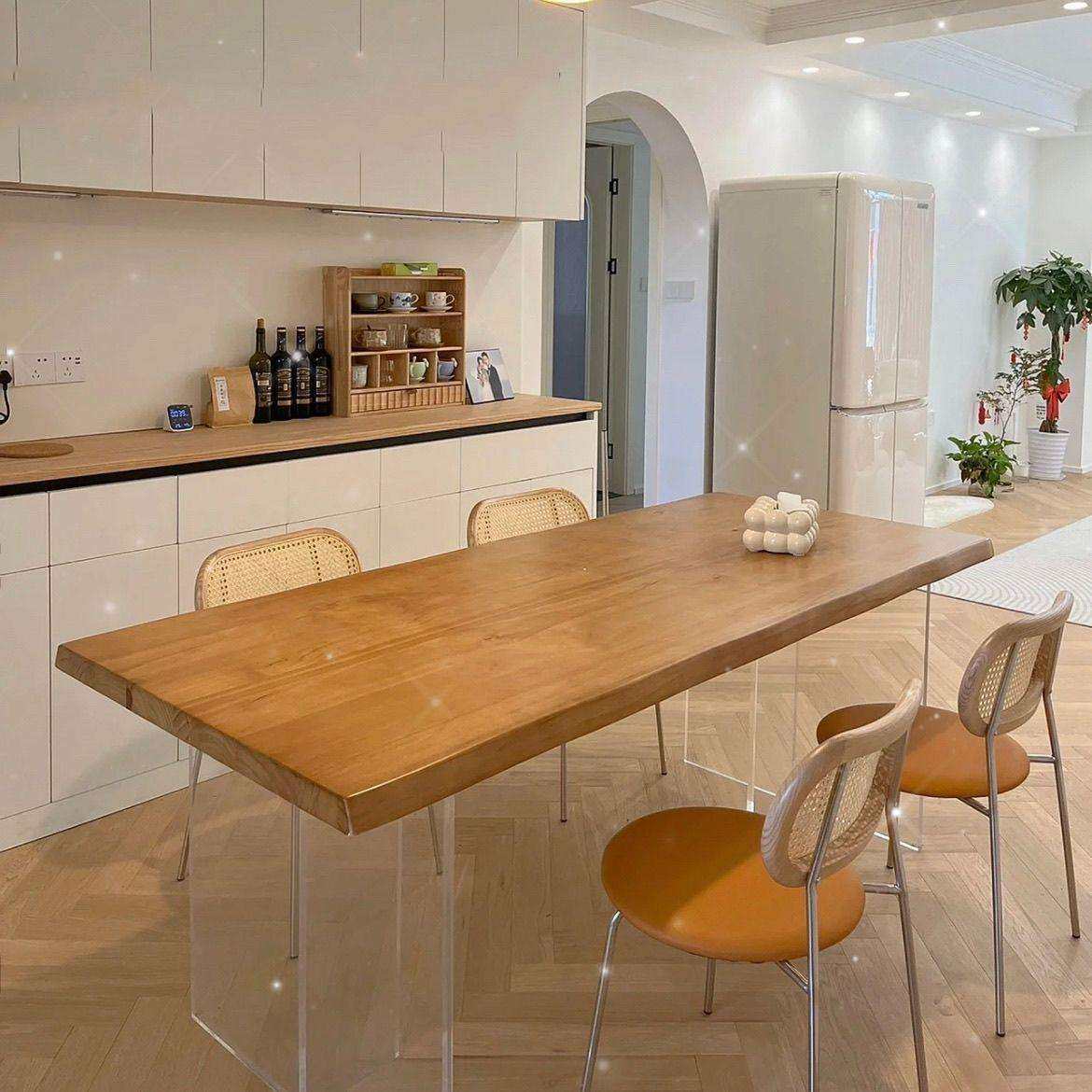 实木亚克力悬浮餐桌椅小户型原木风客厅书桌电脑桌长方形吃饭桌子