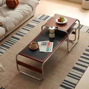 中古风复古茶几组合客厅家用沙发边几不锈钢茶台长方形岩板小桌子