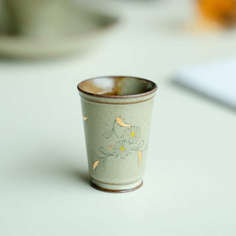 仿古描金纯手绘小雏菊小高足圆杯主人杯复古品茗杯喝茶杯陶瓷茶杯