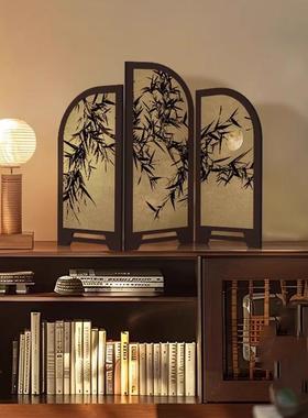 中古风墨竹小屏风桌面摆件新中式茶桌家居边柜玄关装饰品覆古摆画