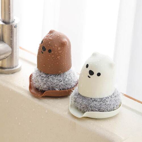 New Cartoon Bear Design Acrylic Pot Brush with Steel Wool Cl