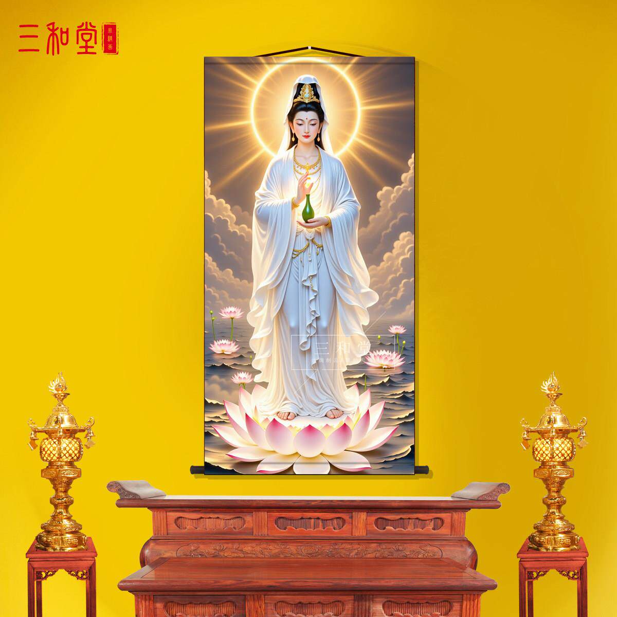 海上观音画 画像客厅卷轴挂画 画中式装饰画 画丝绸布佛家墙壁画