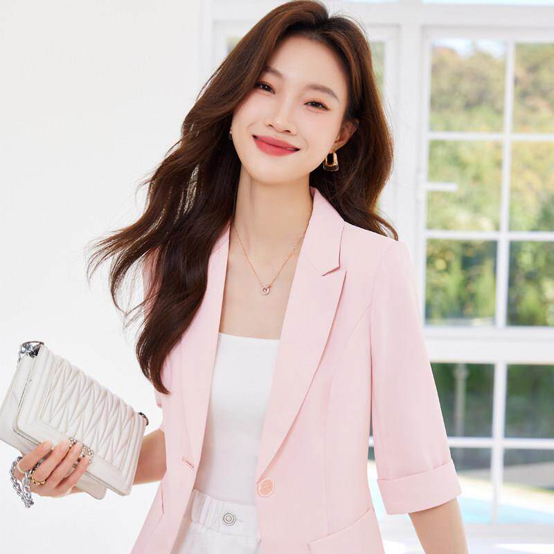 粉色西装外套女夏季薄款2026新款修身气质中袖休闲西服连衣裙套装
