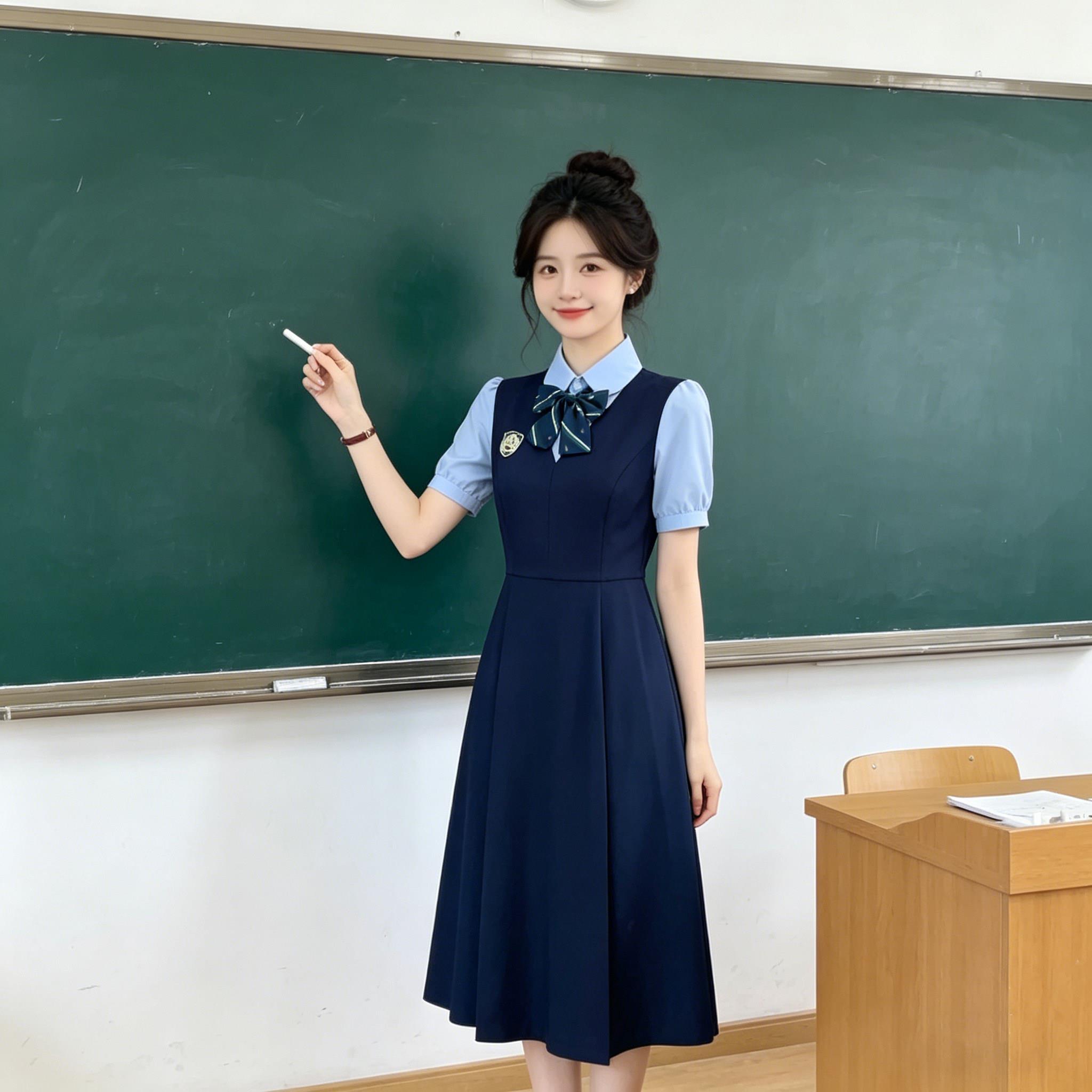 学院风衬衫连衣裙女夏季法式气质小个子职业裙子教资面试正装套装