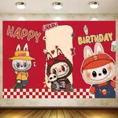卡通拉布布labubu主题背景墙布男孩生日派对装 饰宣绒布来图定制