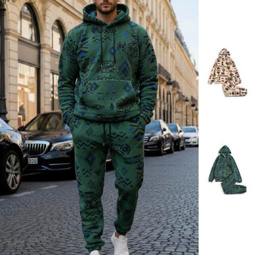 Pants Jacket Winter Mens Outfit Hooded Ethnic Printed Set