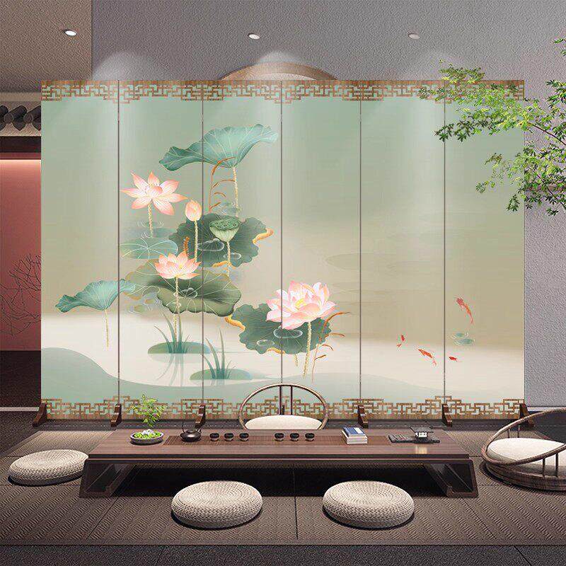 中式屏风隔断假墙客厅折叠移动遮挡酒店茶楼意境荷花竹子双面折屏